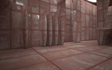 Empty smooth abstract room interior of sheets rusted metal. Architectural background. 3D illustration and rendering