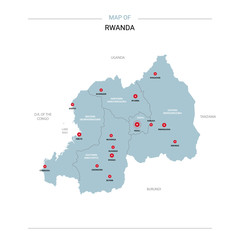 Rwanda vector map. Editable template with regions, cities, red pins and blue surface on white background.