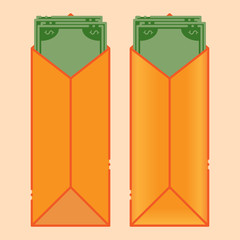 Money, dollars in an envelope. Vector illustration of dollars in a yellow envelope. Money, bills, dollars.