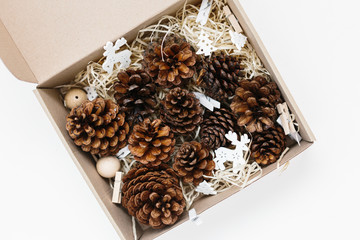 Set of pinecones in craft box on wood shavings.