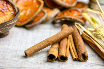 cinnamon sticks herbal on kitchen table 