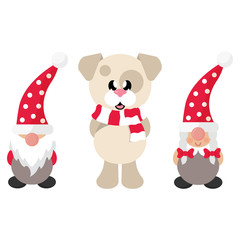 cartoon christmas dwarf boy and girl and winter dog with scarf