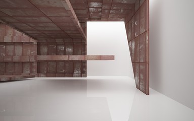 Empty abstract room interior of sheets rusted metal and white glossy floor. Architectural background. 3D illustration and rendering