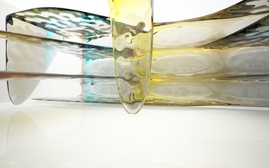 Abstract dynamic interior with brawn, yellow and blue glass smoth wave objects. 3D illustration and rendering