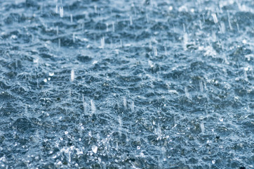 Falling rain drops, splash on water surface