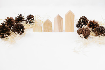 Lined up set of pinecones on wood shavings and wooden blocks house shape.
