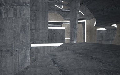 Empty dark abstract concrete room interior. Architectural background. Night view of the illuminated. 3D illustration and rendering