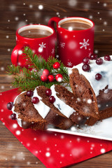Fototapeta na wymiar Still life with tasty cake portion and hot cocoa. Christmas time composition