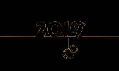 2019 New Year single continuous line art. Golden black holiday greeting card headline decoration date numbers lettering silhouette concept design one sketch outline glowing gold vector illustration