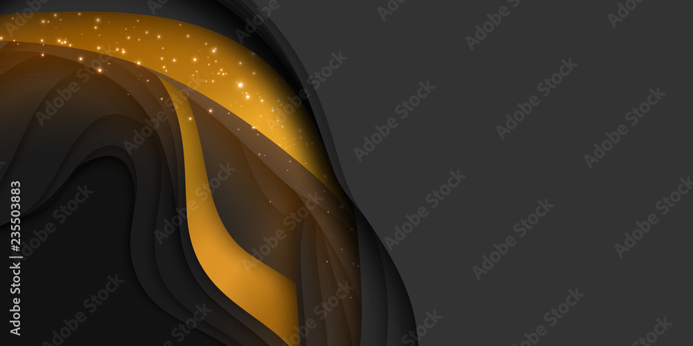 Poster vector 3d abstract background with paper cut shape. colorful dark carving art with gold and sparkles