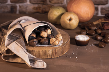 Roasted chestnuts in a paper cone