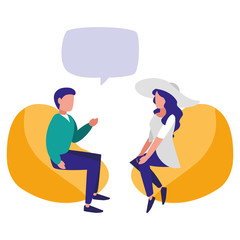 young couple seated talking