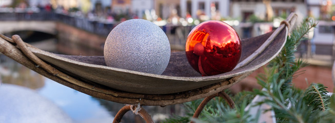Zen Christmas concept, white and red balls on a boat