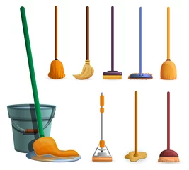 Fotobehang Mop icon set. Cartoon set of mop vector icons for web design © nsit0108