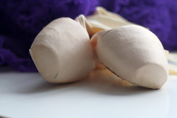 Ballet dance shoes and purple lace skirt with rhyches. Pink satin ribbons. Children's dream