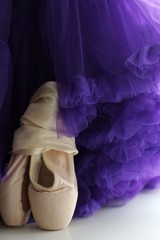 Ballet dance shoes and purple lace skirt with rhyches. Pink satin ribbons. Children's dream