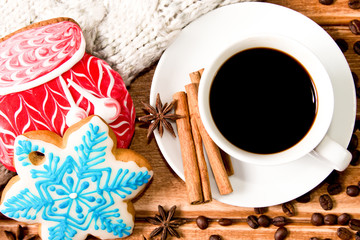 Christmas gingerbread and hot coffee in a white Cup. The Concept of Christmas morning.Postcard ,template. The view from the top
