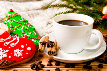 Christmas morning - gingerbread and hot coffee and Christmas decor .Postcard template.