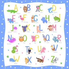 Cute animal alphabet A-Z vector illustration.