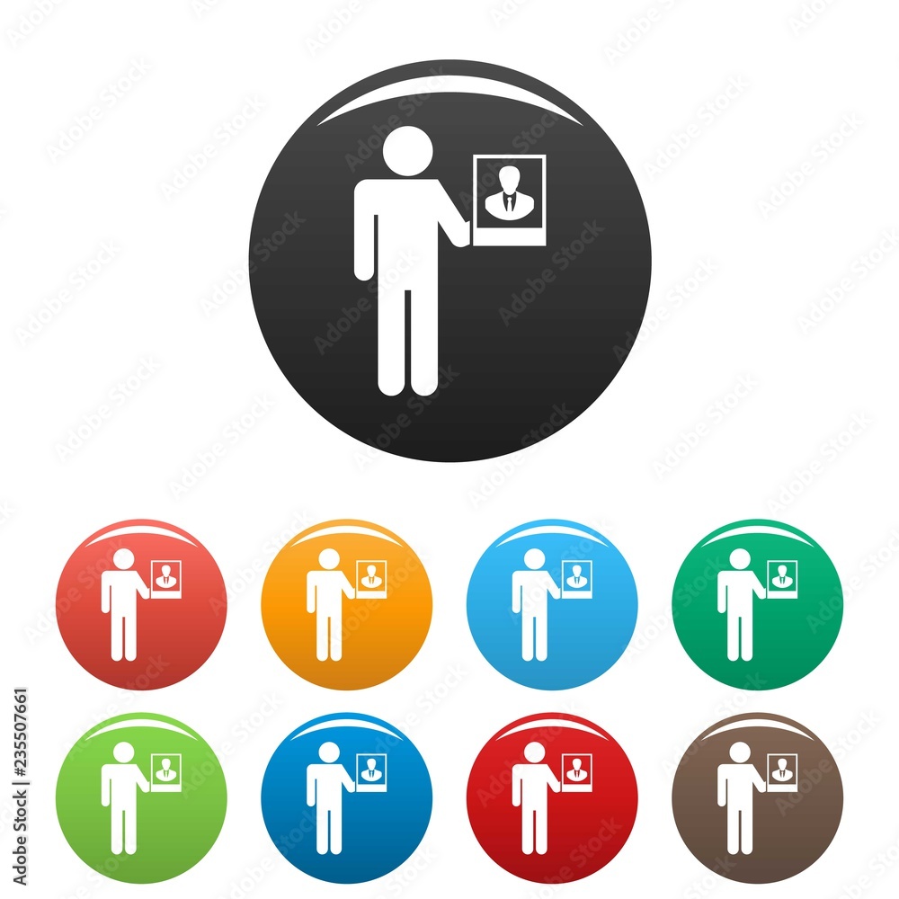 Poster man present candidate icons set 9 color vector isolated on white for any design