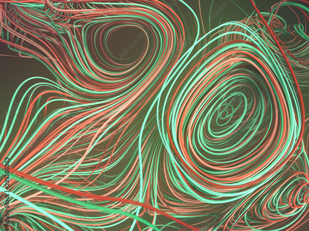 Poster Interlacing abstract red and green colored curves. 3D rendering