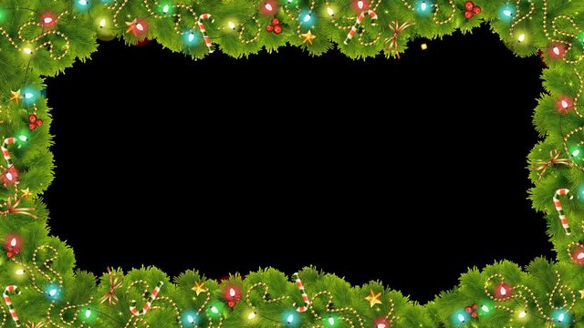 Christmas festive frame with fir branches, decorations, candy, stars, lights and holly with Luma Matte for space for design greeting card and commercials