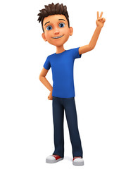 Character cartoon guy in a blue t-shirt shows world peace. 3d rendering. Illustration for advertising.