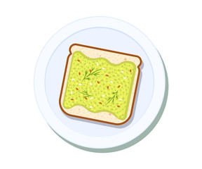 Avocado toast on a plate. Breakfast and healthy lifestyle. Top view. Vector illustration