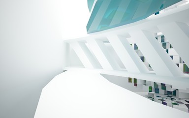 Abstract white interior with colored gradient glossy lines. 3D illustration and rendering