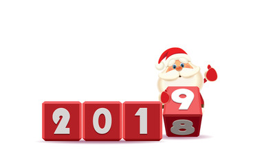 Santa Claus changing date from 2018 to 2019 rotating cubes with numbers isolated on a white background