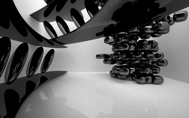 Abstract dynamic interior with black smoth objects . 3D illustration and rendering