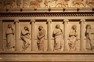 Fatih, Istanbul / Turkey - 01 30 2014: Sarcophagus Of The Crying Women, Ancient and traditional scene of funeral.