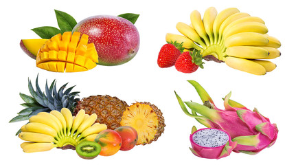Pineapple, banana, kiwi,strawberry,dragon fruit and mango isolated on white background with clipping path