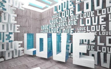 Empty dark abstract brown concrete room interior with statue of  word "love". Architectural background. 3D illustration and rendering