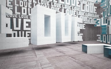 Empty dark abstract brown concrete room interior with statue of  word "love". Architectural background. 3D illustration and rendering
