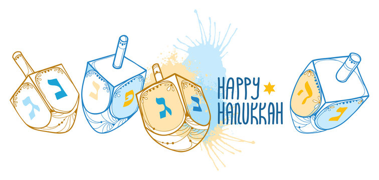 Vector greeting card with outline Hanukkah or Hanuka dreidel or sevivon with Hebrew alphabet in blue and beige isolated on white background. Ornate contour Chanukah dreidel for Jewish holiday design