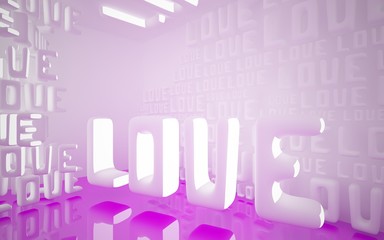 Abstract smooth interior of the future with statue of  word "love". Night view from the backlight. Architectural background. 3D illustration and rendering 