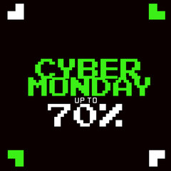 CYBER MONDAY DESIGN. DISCOUNT , PROMOTION, MINIMAL DIGITAL LAYOUT . DIGITAL STYLE FONT. GREEN AND WHITE ON BLACK.
