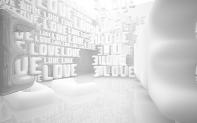 Abstract smooth white interior of the future with statue of  word "love". Architectural background. 3D illustration and rendering 