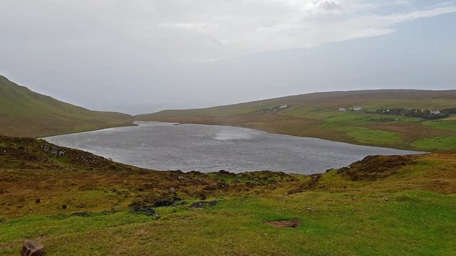 orizontal rain above Loch Mor at Waterstein in the Isle of Skye during storm Callum - Scotland