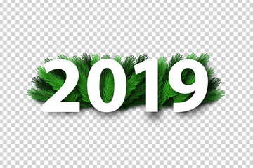 Vector realistic isolated 2019 logo with Christmas tree branches for template decoration and layout covering on the transparent background. Concept of Happy New Year and Merry Christmas.