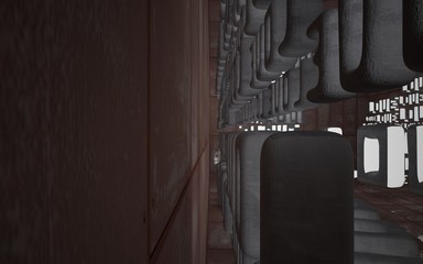 Empty smooth abstract room interior with statue of  word "love" of sheets rusted metal and gray concrete. Architectural background. Night view of the illuminated. 3D illustration and rendering