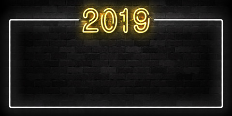 Vector realistic isolated neon sign of 2019 frame logo for decoration and covering on the wall background. Concept of Happy New Year and Merry Christmas.