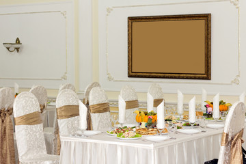 Festive food on table in hall