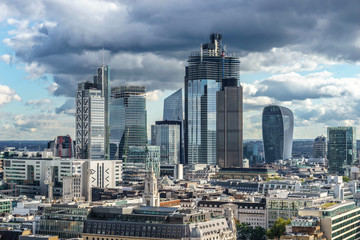  Aerial view of skyscrapers of the world famous bank district of central London 
