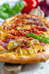 Vegetable potato open pie closeup.
