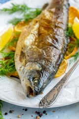 Baked lake trout close-up.