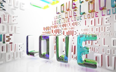 Abstract dynamic interior with white smooth statue of  word "love" and  colored glass lines. 3D illustration and rendering