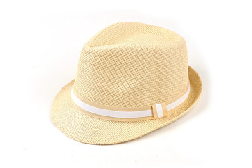 Beige men's hat on a white isolated background. Men hat 1960s and 1970s style men’s on white background ,vintage fashion popular