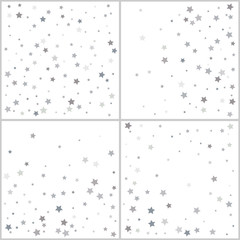 Silver star confetti rain festive holiday backgrounds set. Vector silver paper foil stars falling down isolated on white backgrounds.
